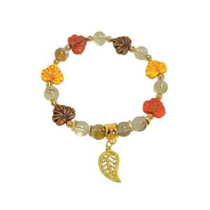 Boho Czech Glass Charm Bracelet Engraved Leaves Beaded Gold Tone Stretch Earthy